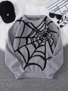 Men's Classic Spider Web Pattern Round Neck Jacquard Sweater, Regular Fit Casual Drop Shoulder Long Sleeve Jumper for Spring & Fall, Fashion Men's Knitwear for Daily Wear