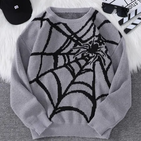Men's Classic Spider Web Design Round Neck Pullover, Jacquard Sweater, Regular Fit Casual Drop Shoulder Long Sleeve Jumper for Spring & Fall, Men's Knitwear for Daily Wear, Street Casual Trendy Jumper, Menswear, Graphic Knit Pullover