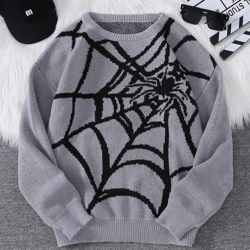 Men's Classic Spider Web Design Round Neck Pullover, Jacquard Sweater, Regular Fit Casual Drop Shoulder Long Sleeve Jumper for Spring & Fall, Men's Knitwear for Daily Wear, Street Casual Trendy Jumper, Menswear, Graphic Knit Pullover