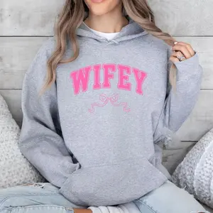 Women's Hoodie Wifey Bow Graphic Plus Size T-shirt Cotton Breathable Sweatshirts