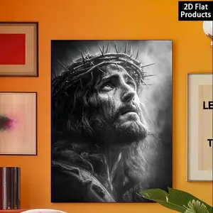 1pc Framed Jesus Wearing Crown of Thorns Wall Art - Minimalist Black and White Religious Photo, Canvas Print Suitable for Christmas Decor, Gifts, for Home, Church, Chapel, Prayer Room - Wood Frame Iconic Jesus Image, 2D Flat, Perfect for Room Decor