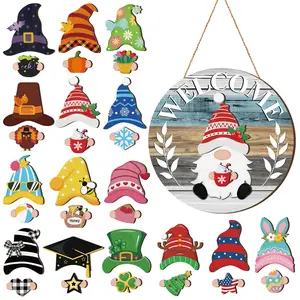 Interchangeable Gnome Welcome Sign Christmas Gift for Door Decorations Wooden Gnome Sign with Magnet Detachable Hats and Hands Cute Gnome Hanging for Winter Holiday Seasonal Christmas Decorations Party Birthday Home Wall Office Living Room Garden
