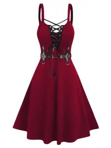 2025 Women's Gothic Dresses Punk Gothic Dress Lace Up D-ring Eyelet Straps A Line Dress Sleeveless High Waist Dress