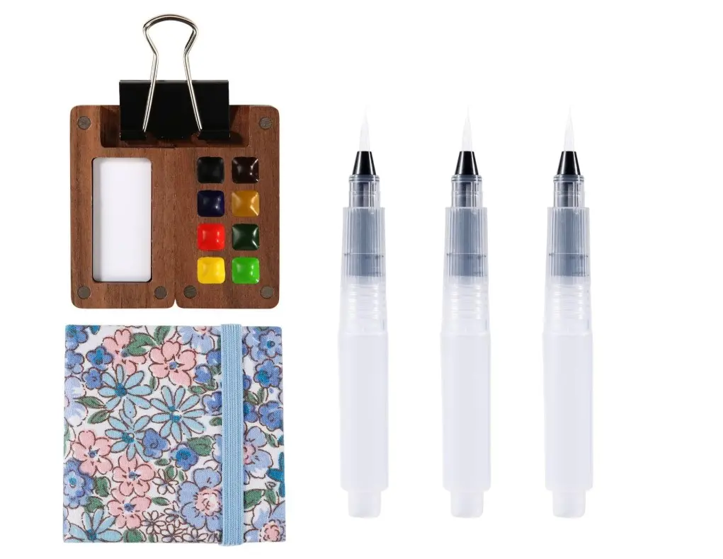 Wooden Pocket Palette Set - 8 Grid Mini Travel Palette with Watercolor Notebook & Painting Pens