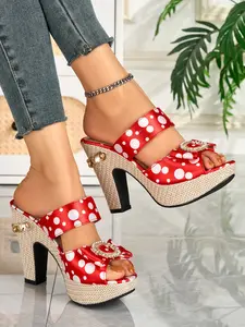 Elegant Women's Retro Polka Dot Rhinestone Buckle Dual Strap High Heel Sandals, Perfect for Weddings, Parties, Daily Wear
