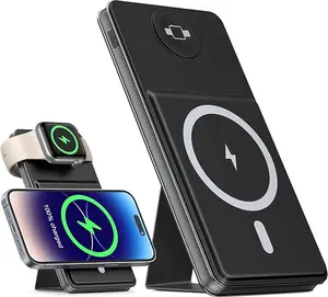 W32 Magnetic Wireless Charger, 10000mAh 2-in-1 Power Bank, Foldable Kickstand, USB-C for Apple Watch/iPhone. Charging Wired