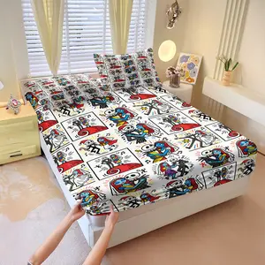 Corpse Bride Jack & Sally Fitted Sheet Set, Includes One Bedspread and Two Pillowcases, Bat Element Gothic Print Non-Slip Bedskirt, All Seasons Use, Niche Animated Character Bedcap