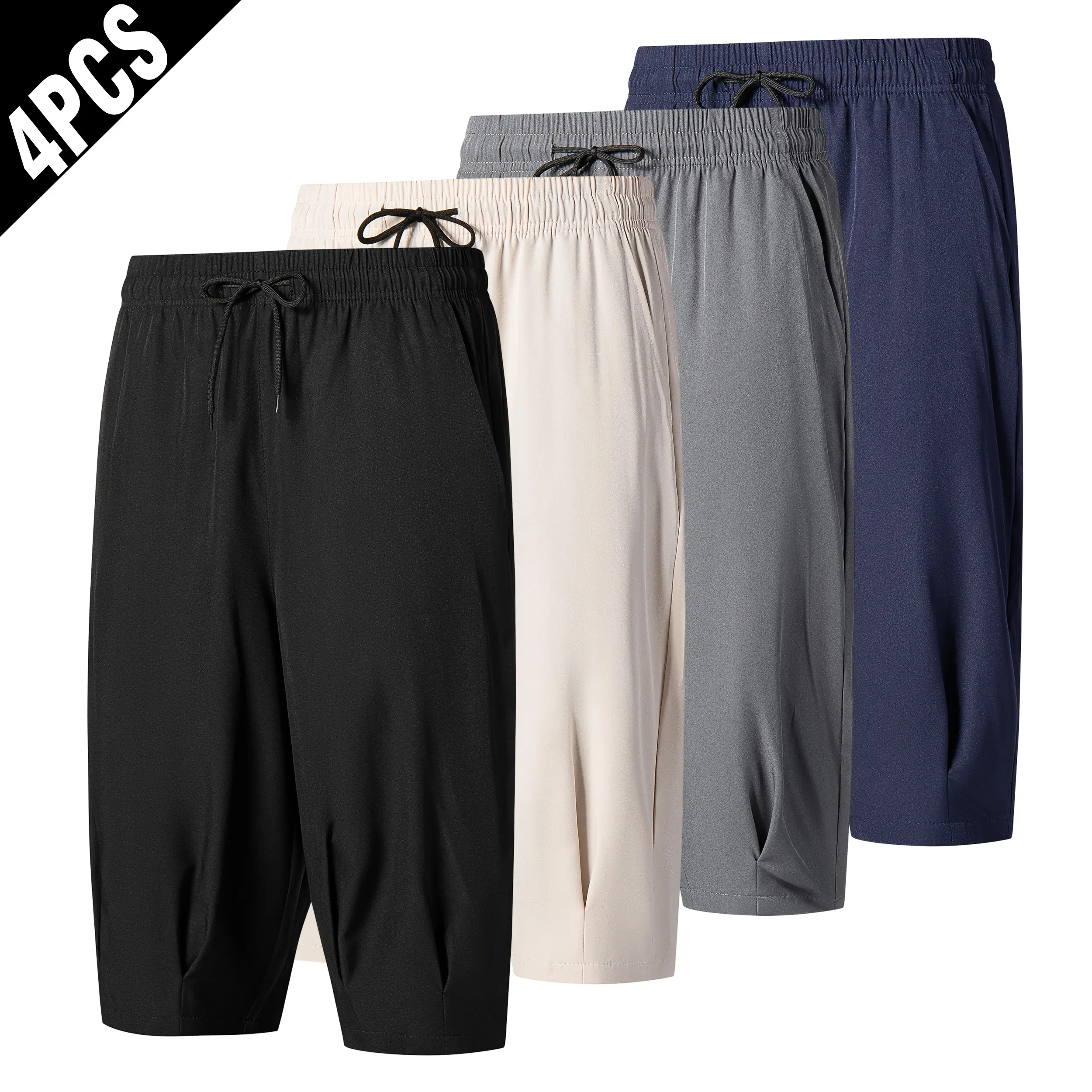 Men's Plain 4-Pack Quick-Dry Knee-Length Capri Pants, Elastic Drawstring, Pleated Hem, Loose Breathable Menswear for Summer Sports Casual Wear