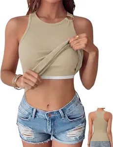 Women's Ribbed Tank Top with Built-In Bra, Fixed Padded Cups, Metal Ring Detail, Sleeveless Slim Fit Summer Cami