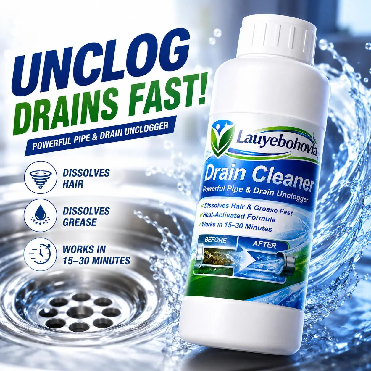 Lauyebohovia 17.6oz Drain Cleaner & Clog Remover - Heat-Activated Formula Dissolves Hair & Grease in 15-30 Mins, Powerful Sink Unclogger