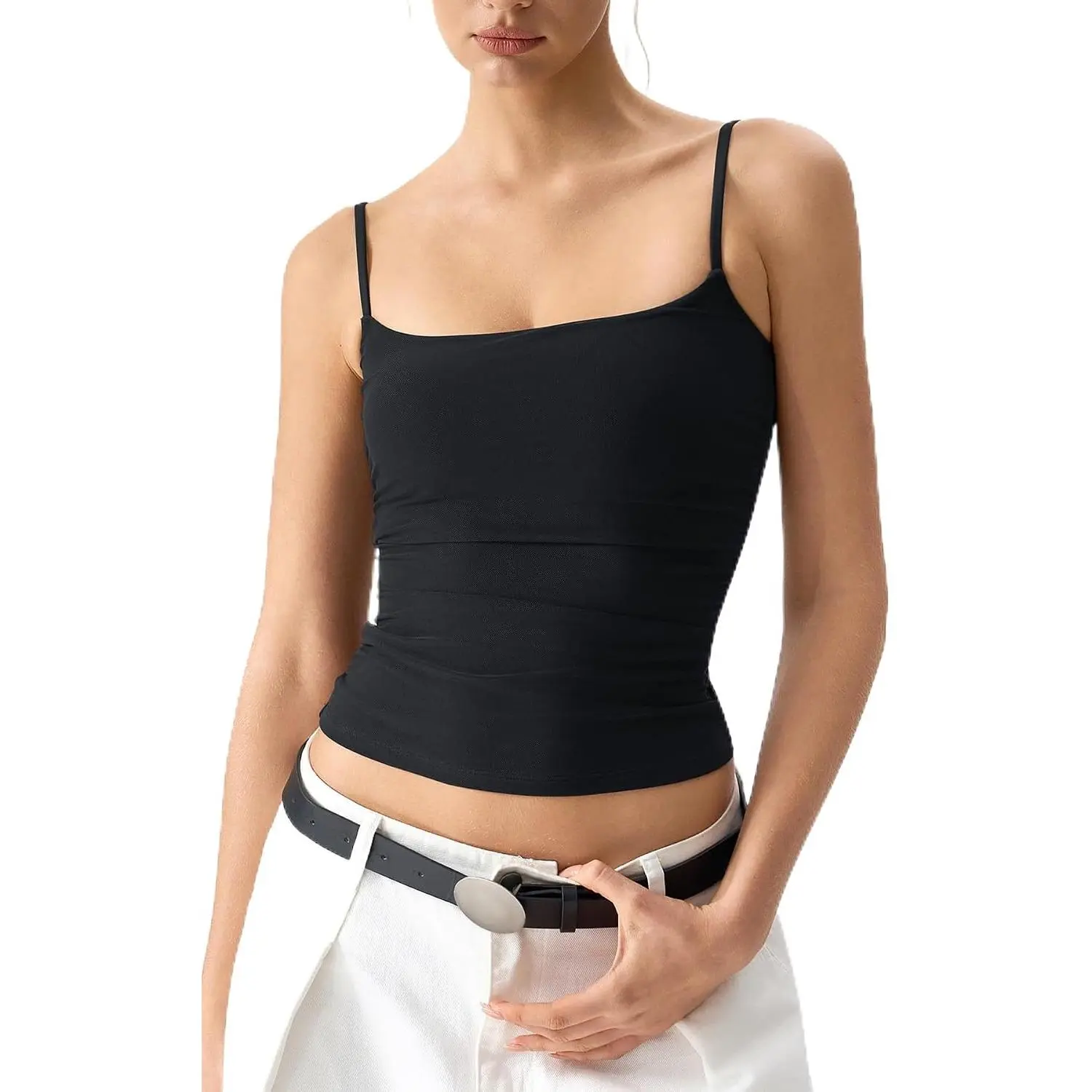 QINSEN Women's Mesh Camisole Tank Top Double Lined Spaghetti Strap Sleeveless Cami Shirts