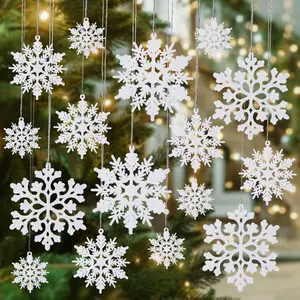 Shatterproof White Snowflake Ornaments for Christmas Tree Decor 36 Pack Sparkling Plastic Hanging Snowflakes for Christmas Decorations 4 Sizes 18 Strings 5m Rope