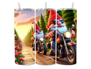 Biker Gnomes Custom Tumbler Cup - 20 oz Stainless Steel Skinny Tumbler with Lid and Straw