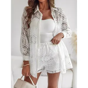 Women's 2-Piece Elegant Casual Sports Clothing Set - Long-Sleeve Button Blouse, Tie-Front Shirt, High-Waist Eyelet Lace Shorts, Breathable Crochet Lace Coord Outfit for Beach, Daily Wear | Women's Clothes, Clothes