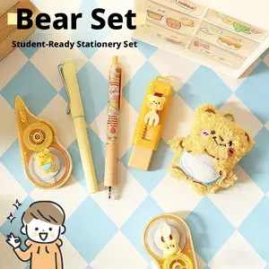 1 set of 5-piece high-value cartoon bear stationery set, creative stationery set, including neutral pen, pencil eraser, correction with panda brooch, suitable for school classroom rewards, unique gift creativity