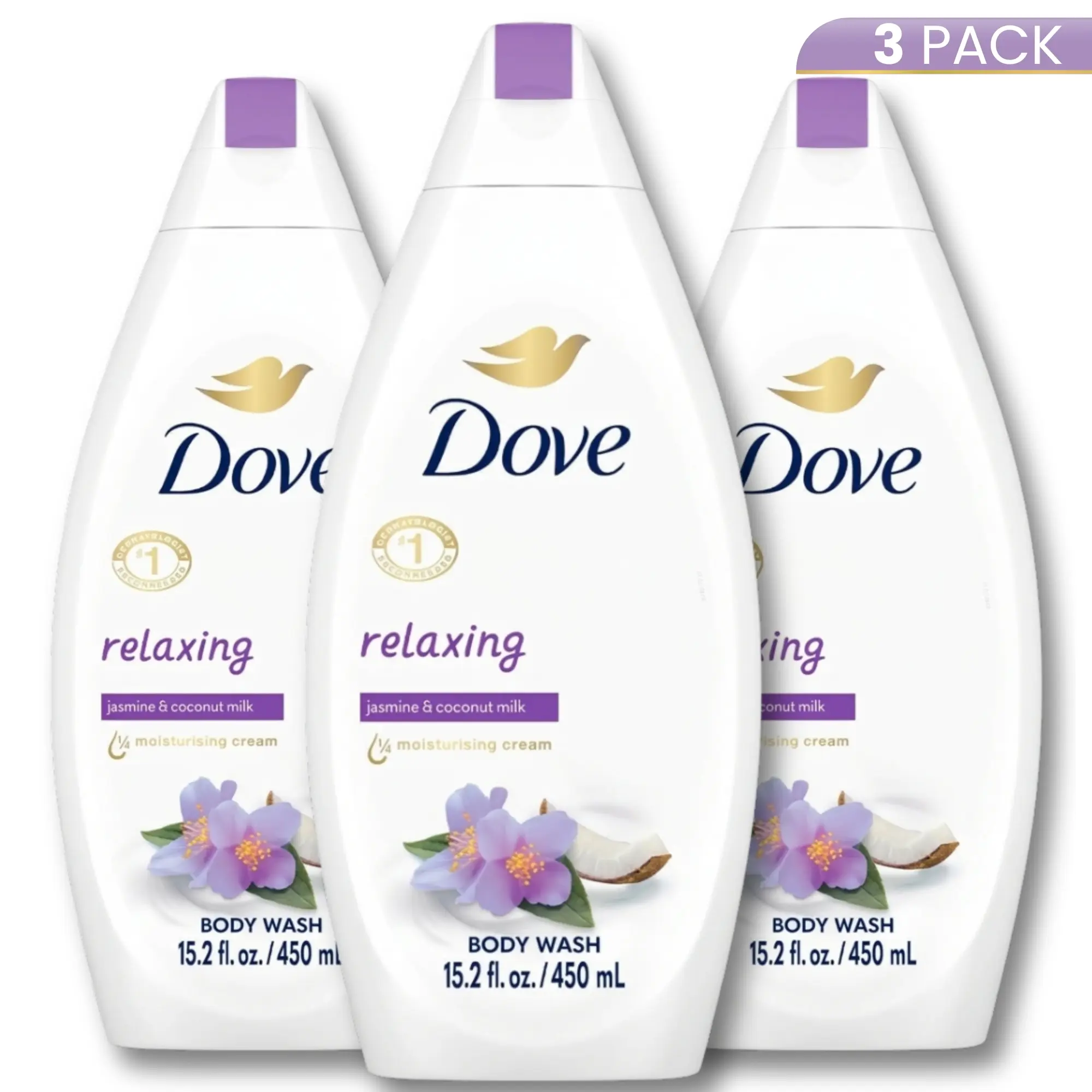 Dove Relaxing Body Wash with 1/4 Moisturizing Cream, Jasmine & Coconut Milk Scent, Hydrates Skin for a Youthful Glow, Rich Cream Lather, 15.2oz (3 Pack), Youth, Fresh And Clean, Hydrating