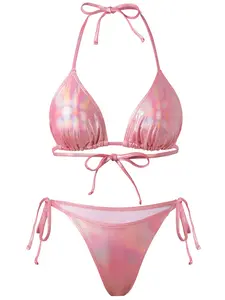 Euro-American Style Laser Triangle Bikini, Triangle Bikini Top, Shiny Sexy Two-Piece Swimsuit, Beach Vacation Hot Spring Swimwear for Women