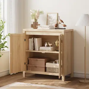 Qeetex 31 Inch Small Sideboard Buffet Cabinet with Glass Doors Adjustable Shelf and Black Finish Natural