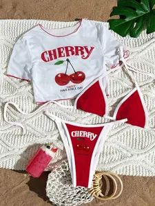 New European and American Style Cute Casual Short Sleeve Bikini Set, Three-Piece Halter Top Swimsuit with Cherry Print, Women's Swimwear