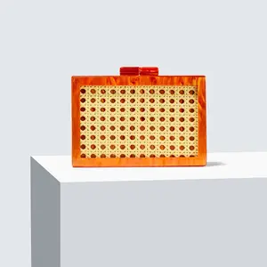 Women's Acrylic Square Box Handbag, Rattan Woven Pattern, needlepoint acrylic bag Chain Crossbody Shoulder Purse