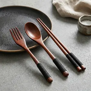 Handmade 18-Piece Wooden Tableware Set - Eco-Friendly Cutlery (Spoons, Chopsticks, Forks) with Sieve, Girly Kitchenware for Home Dining & Festive Gatherings