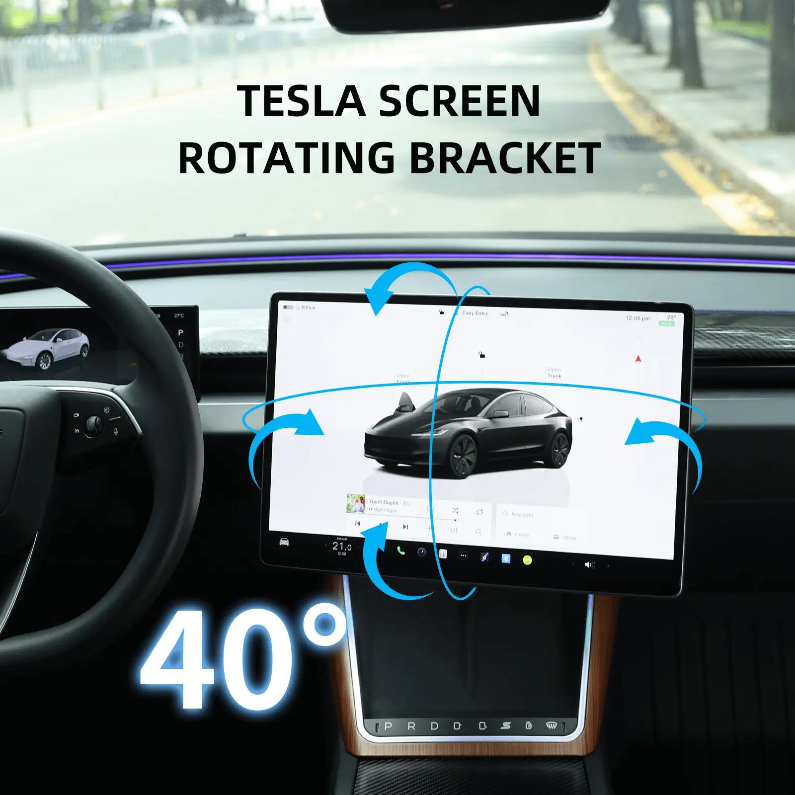 Saunyoto Car Accessory, Tesla Model 3/Y Screen Swivel Mount - 360° Adjustable Rotating Bracket for Highland & Juniper, 40° Tilt, Dual Locking, Aerospace-Grade Aluminum
