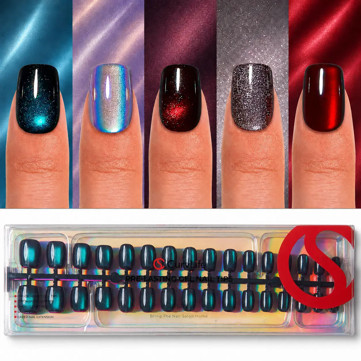150PCS Cat Eye Press-On Nails Kit, CurvLife Soft Gel Nail Tips with 5 Cosmic Glow Shades – Ice Blue, Midnight Teal, Ruby Red, Mocha Brown & Gold Sparkle. Stunning Magnetic Cat Eye Effect, 30 Nails Per Style, 15 Sizes, Long-Lasting & Easy Application