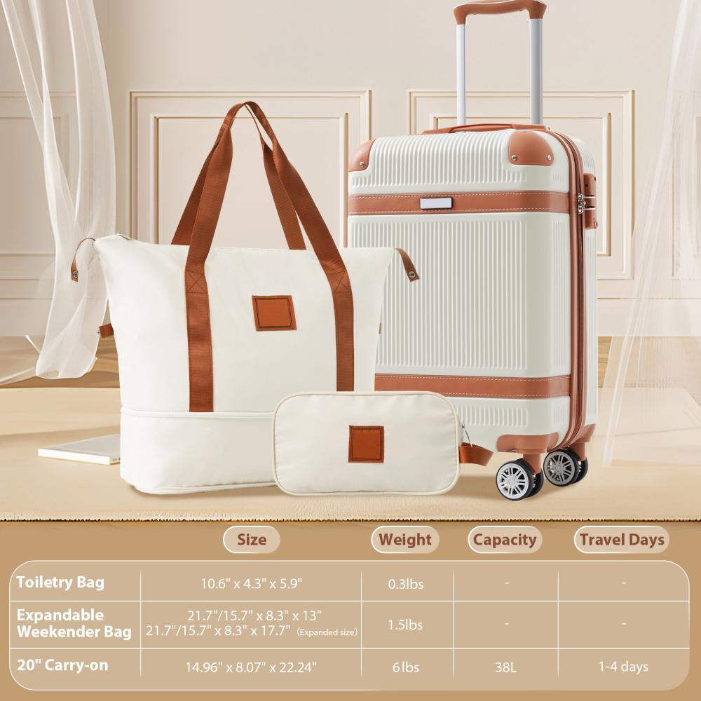 Luggage Carry On Luggage Suitcase Softside Wheeled Luggage Lightweight Rolling Travel Bag, White, 3 Piece Set, Luggage Set with Bags