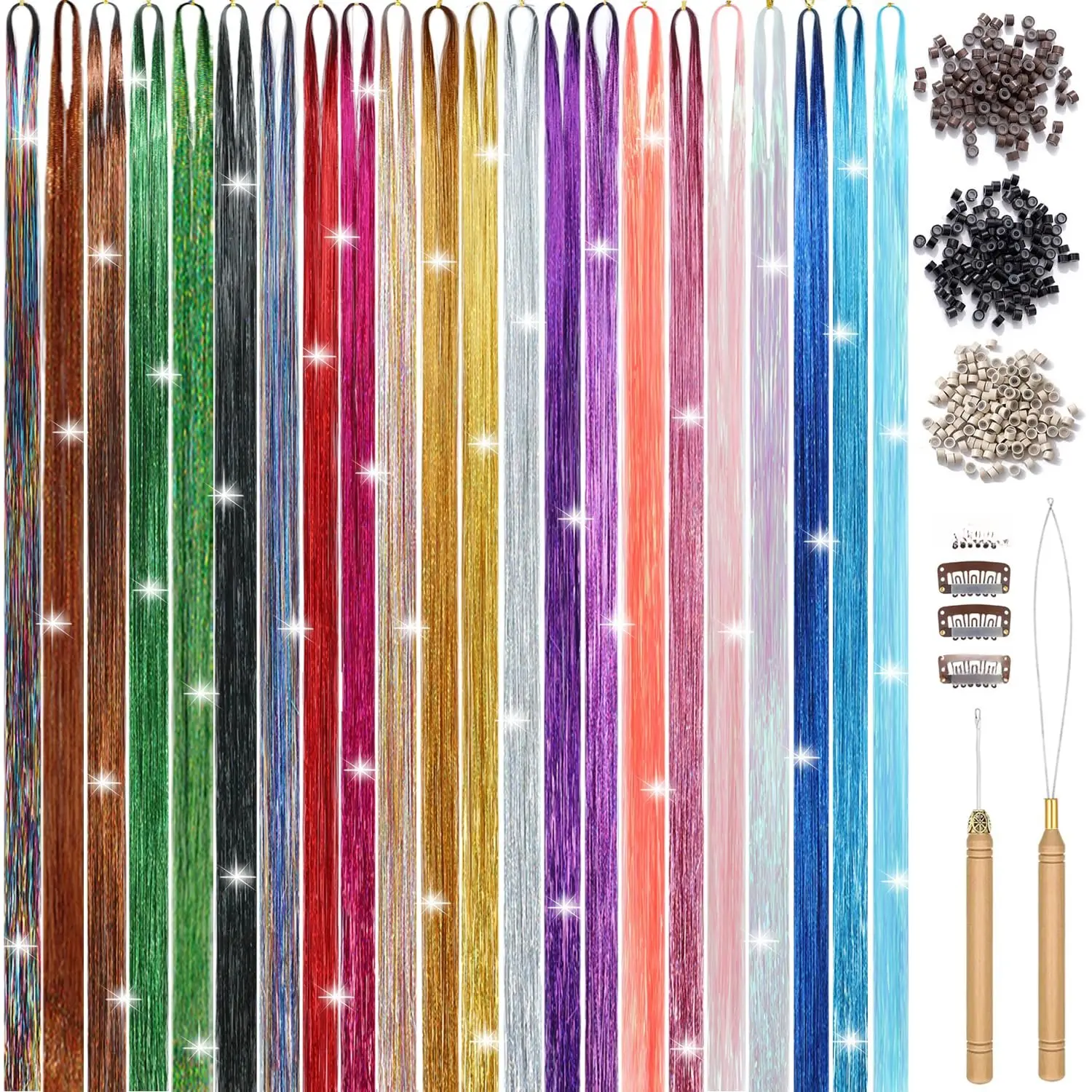 22 Colors Hair Tinsel Kit, 7800 Strands 48 Inch Glitter Tinsel Hair Extensions with Tools, Heat Resistant Sparkling Fairy Hair Accessories for Girls, , Women Christmas  Party