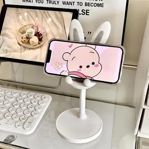 2 Pcs Cell Phone Stand for Desk, Cute Adjustable Phone Stand with Anti Slip Pad, Bunny Ears Designed Holder for All Mobile Phones , Office Home Desktop Accessories, Pink+White