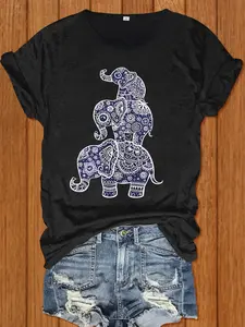 Women's Lucky Elephant Print T-Shirt - Soft Breathable Loose Fit Casual Summer Short Sleeve Round Neck Blouse Navy Paisley Elephant Pattern Top Machine Washable Spring Summer Fall Outfits Comfortable Gift for Casual Attire