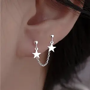 1pc Fashionable Double Stars Pendant Bajoran Earrings - Stainless Steel Chain Dangle Stud Earring for Double Piercing, Cute for Women, Eid, Ramadan, Hypoallergenic, Nickel-Free, Durable, and Easy  Wear