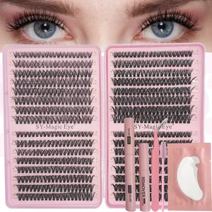 1 Box 640 Cluster False Eyelashes Set, 8-16mm Mixed Length, DIY Individual Lashes Cluster D Curl ,With Lash-Glue Bond And Seal, Lash Remove  And Lash Applicator Brush Tool and One pair Eyelash Gel Eye Pads(30D-40D-50D-60D-80D),Party and Travel