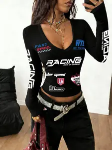 Women's Racing Print Long Sleeve Top, V Neck Slim Fit Tee For Streetwear