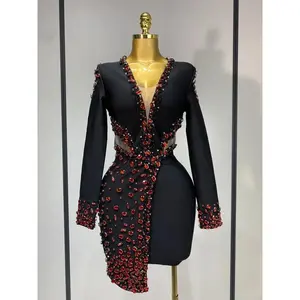 Luxury Birthday Women Celebrity Sexy Long Sleeve V Neck Rhinestone Black Bandage Dress 2025 Elegant Evening Club Party Dresses vibrant day(Sheets)