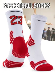 Men's Number ＆ Patchwork Print Basketball Socks, Menswear, Breathable Comfortable Sports Socks, Anti-slip Shock Absorption Athletic Socks for Outdoor Basketball Football Cycling Hiking