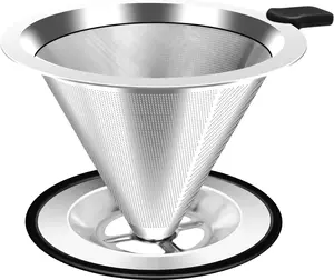 Pour Over Coffee Dripper, Stainless Steel Coffee Filter, Paperless Reusable Coffee Filter, Double Micromesh 600 Mesh Strainer Coffee Maker with Heat-Resistant Silicone Handle & Base