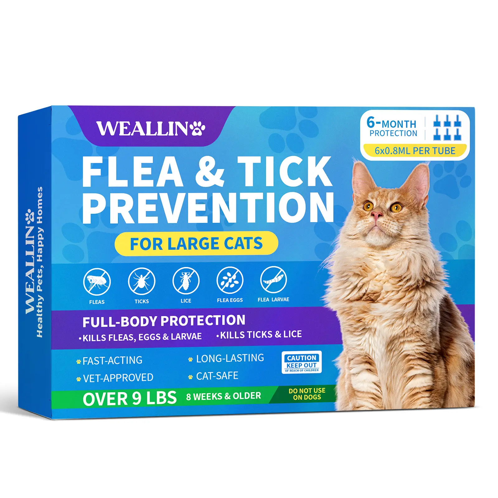 WEALLIN Topical Flea & Tick Treatment for Large Cats Over 9 lbs - Kills Fleas/Ticks, 6-Month Monthly Supply Spot-On Drops, Long-Lasting Waterproof Protection