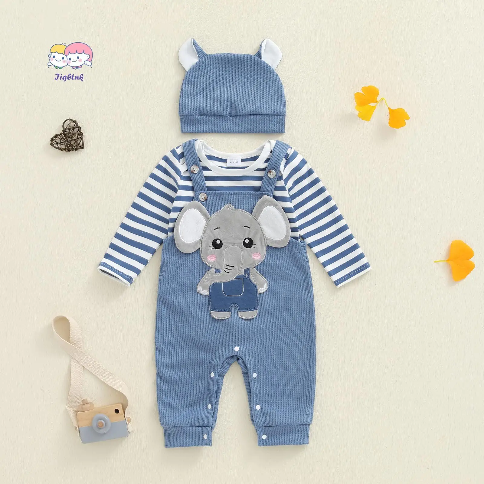 Baby Boy Newborn Outfits 3-Piece Cotton Rompers Set - Striped Long Sleeve Romper, Embroidered Overalls, Hat, 3-6 Months, Embroidery, Cotton Blend, Striped Romper Look