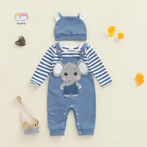 Baby Boy's Clothing Sets Fashionable Long Sleeve Striped Romper with Embroidered Overalls and Hat 3Pcs Outfits