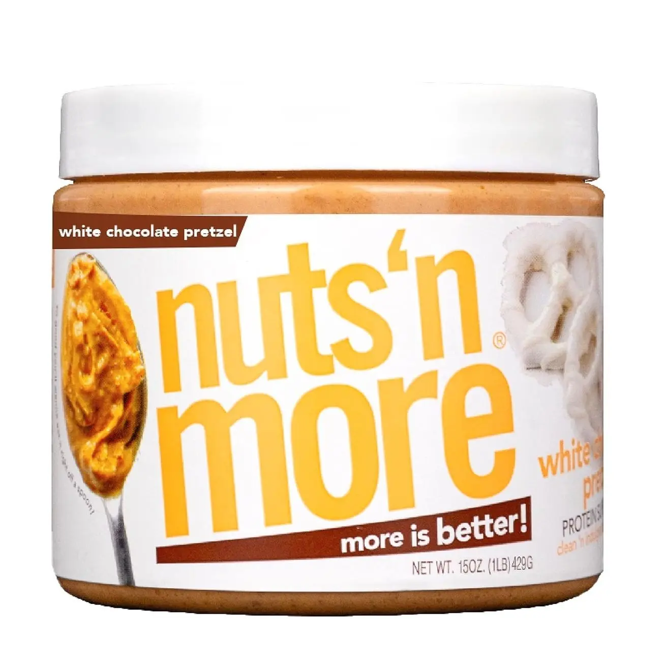 Nuts ‘N More White Chocolate Pretzel Peanut Butter Spread - High Protein, Low Carb, Low Sugar, Gluten Free, Non-GMO, All-Natural Nut Butter Snack (15oz Jar)