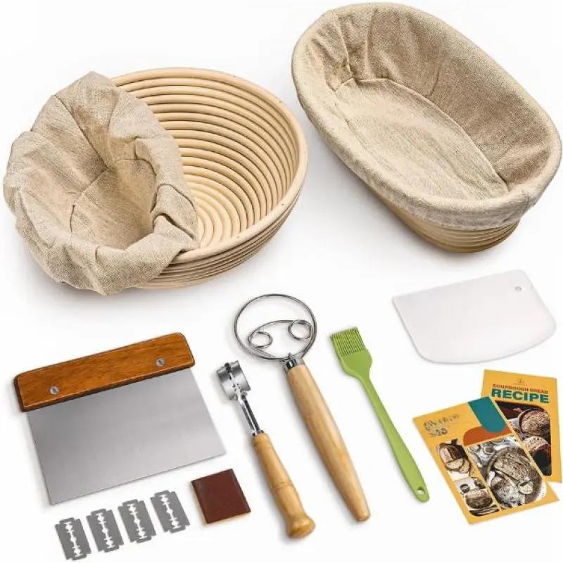 Sourdough Bread Banneton Proofing Basket Set (9-Inch Round, 10-Inch Oblong Cane) – Baking Supplies Kit with Dough Whisk, Lame, Dough Scraper, Bowl Scraper, Silicone Brush, Easy-to-Clean Kitchen Bakeware Utensils, Bread Baking