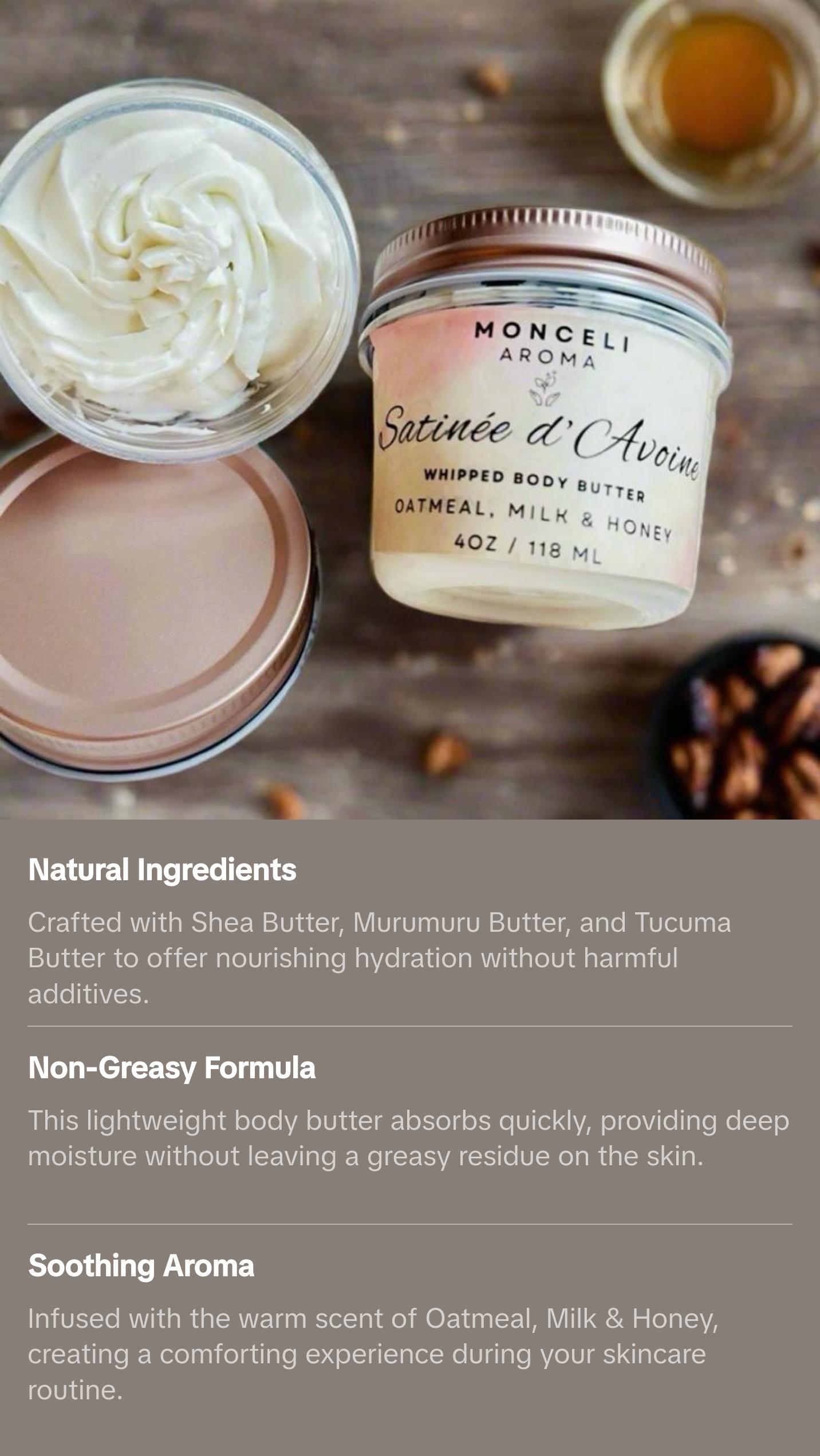 Monceli Aroma Whipped Body Butter - Oatmeal, Milk & Honey 4oz / 118 ml skin care product Monceli Aroma Whipped Body Butter - Oatmeal, Milk & Honey 4oz / 118 ml skin care product