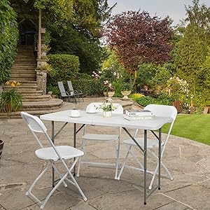 VINGLI 4 FT Plastic Folding Camping Table,3-Level Adjustable Height, Portable in/Outdoor Party Picnic Dining Desk,Off-White Garden Soccer Multipurpose Entertaining Activities, Black,White