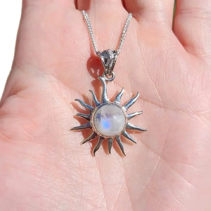 Sterling Silver Rainbow Moonstone Sun Pendant with 18" Chain