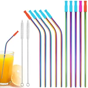 Clearance！10  Counts Stainless Steel Straws Reusable Drinking Straws Colorful Curved Straight Straws Drinkware