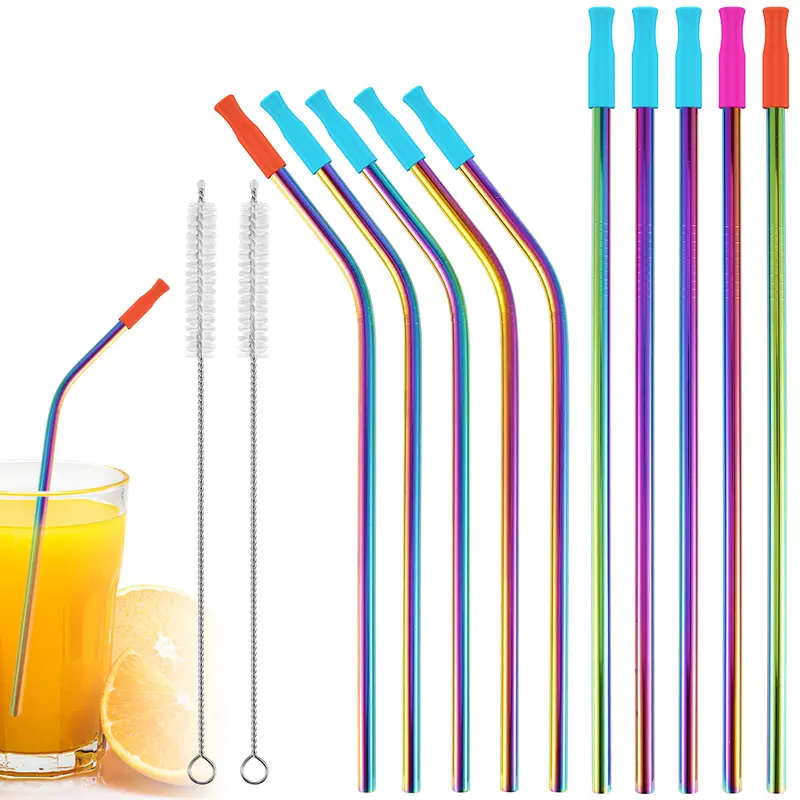 Clearance Reusable Stainless Steel Straw Combo, 10-Pack Variety Cocktail Accessories - Curved & Straight, Home Bar/Drinkware Utensils, Kitchenware with Carry Bag for Tidiness