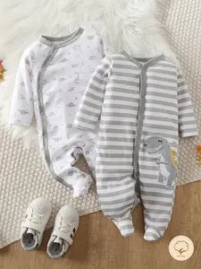 NEWBORN MUST-HAVE! 2-Pack Dinosaur Footie Pajamas | 100% Cotton Warm Cozy Sleepers | Neutral Gray Print + Stripe Design