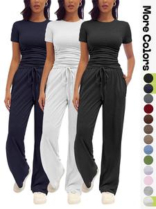 women's solid round neck tee & wide leg pants loungewear two/six piece set, casual comfy pyjama set for women, comfy loungewear set for daily home wear, pajamas, womenswear, homewear, nightwear