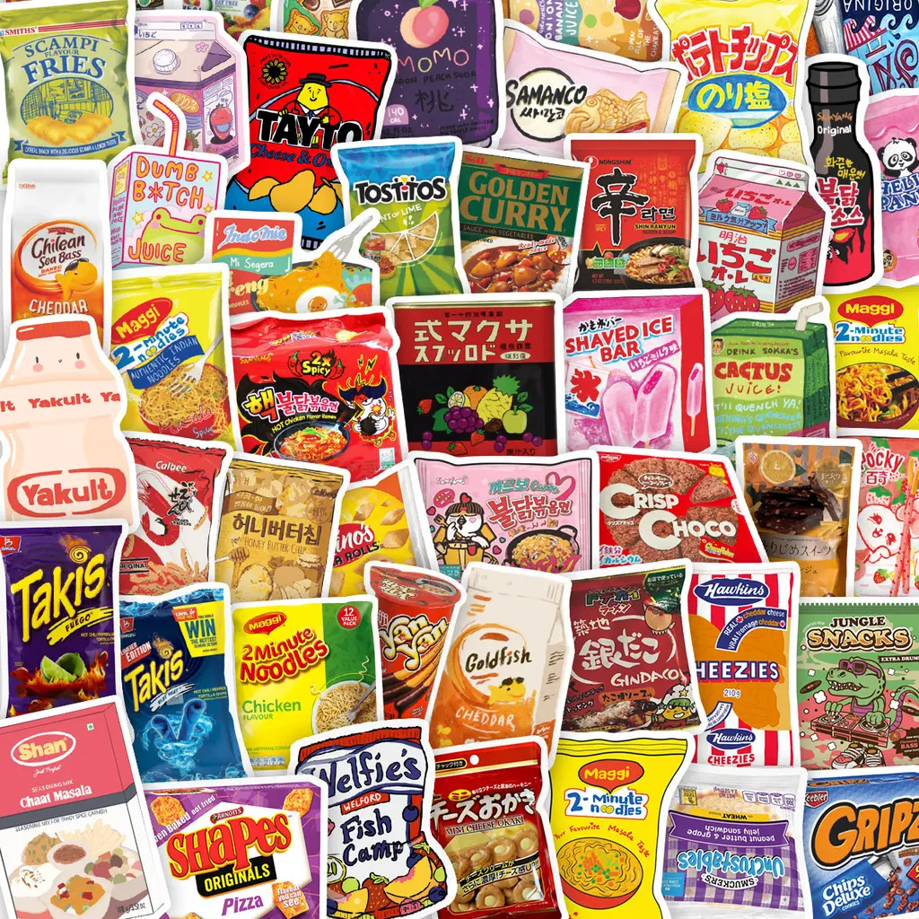 50Pcs Cartoon Snack Gift Pack Stickers Waterproof DIY Decals for Journal Notebook Phone Case Cellphone
